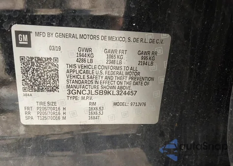 2019 Chevrolet Trax Lt z USA, uszkodzony, nr VIN 3GNCJLSB9KL324457